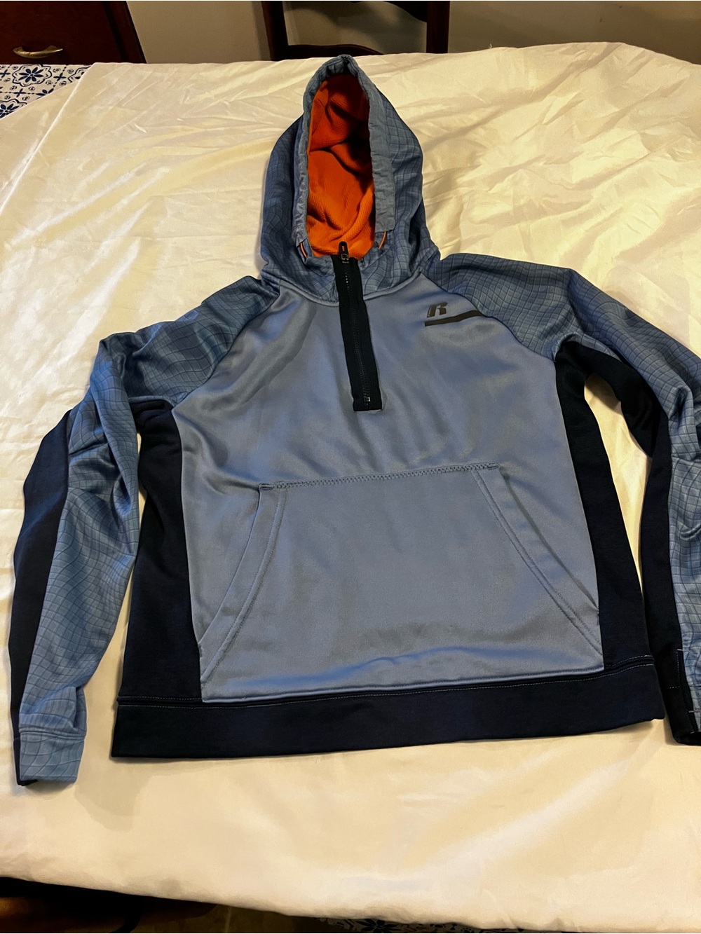Russell Athletic Blue Hooded Performance Pullover with Orange Lining xl